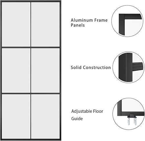 Miniatura 4 de JUBEST Puerta corrediza de granero de vidrio de 36 x 84 pulgadas, marco de aluminio negro de 3 paneles y vidrio templado transparente, puerta