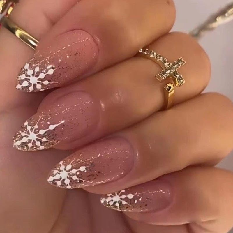 24 pieces set Shiny pointed Snowflake Press on Nails Sparkle and Glitter Pink (Jelly Glue Stickers Tabs and Glue Included)