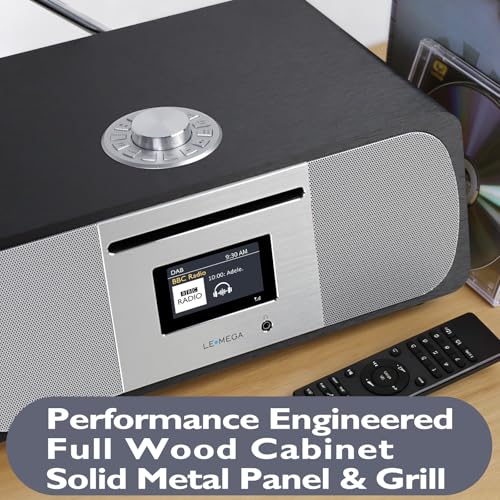 Image of LEMEGA M6P CD Player, FM, Bluetooth, Powerful HiFi, Subwoofer, Black | 2.8in colour display, 40 presets, remote control, wooden cabinet, headphone jack, internal subwoofer, EQ modes, remote