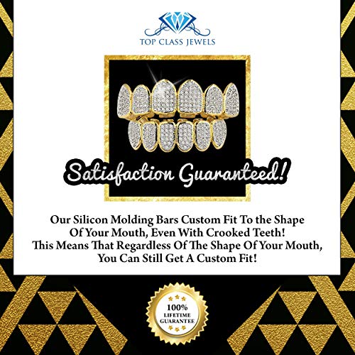 24K Plated Joker Gold Grillz for Mouth Top Bottom Hip Hop Teeth Grills for Teeth Mouth + 2 Extra Molding Bars, Storage Case + Microfiber Cloth (Gold Micropave 6 Tooth)