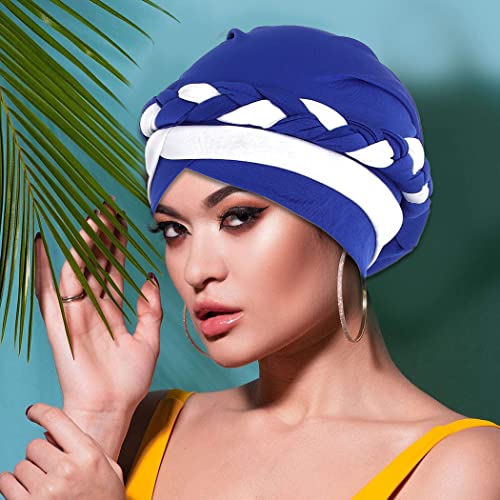 Woeoe Braid African Turban Blue Pre-Tied Head Wrap Soft Elastic Head Scarf Stretch Beanie Cap Headwear For Women And Girls(Blue+White) #TOP5