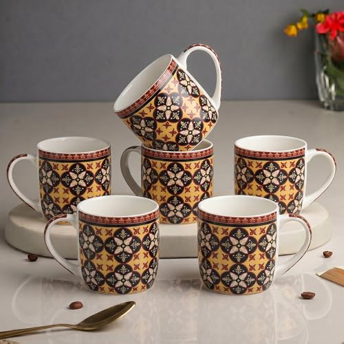 Image of UPC Coffee Mug Set of 6 | Golden Yellow & Black Mughal Floral Tile Print | Maroon Border Ethnic Medallion Pattern | Bone China Tea & Coffee Cups | Microwave Safe | Home & Kitchen