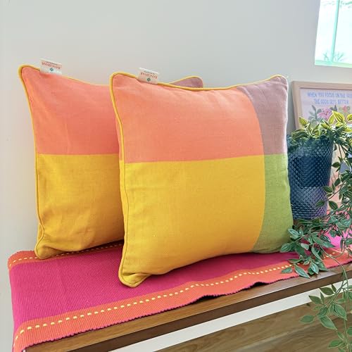 Image of RANGBHAR Handloom 100% Cotton Cushion Cover Set of 2 | Cushion with All-Around Piping for Premium Finish | 16x16 Inches Hand Woven Striped Cushion Covers - Yellow