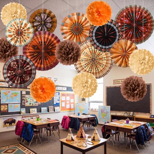 Image of Outus 21 Pcs Native American Heritage Month Decorations Hanging Paper Fans Paper Tissue Pom Poms Classroom Decorations Fans for Southwestern Tribal Ceiling Hanging Decor School Party Supplies