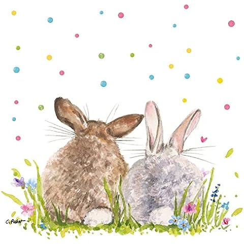 20 Servietten Hasenpaar im Gras mit bunten Punkten | Hase Cover
