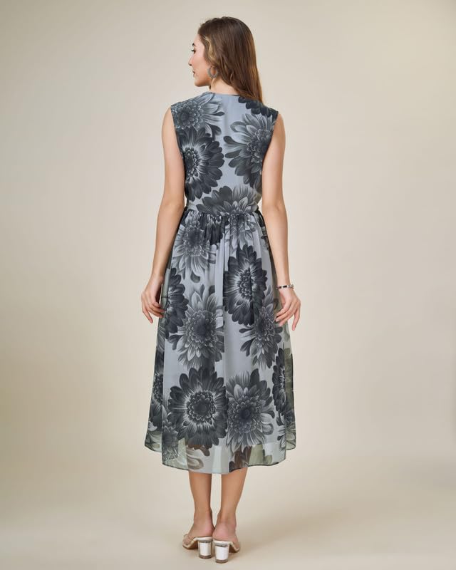 Image of MOJILAA Women's Georgette Floral Printed Gathered Dress