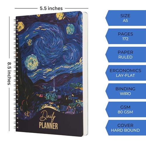 Image of Doodle Daily Planner | Undated | A5 | 172 Pages | 80 GSM | 3 Months Schedule, To-Do List, Daily Priorities, Appointments, Deadlines, Water Tracker, Goals - Night Whispers