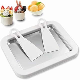 YOPOTIKA Ice Cream Rolle Maker Pan Instant DIY Ice Cream Roller Plate with 2 Spatulas for Making Frozen Yogurt Softserve Instant Cold Plate at Home, White + Silver