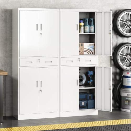 Image of Metal Storage Cabinet with Lock Door, Adjustable Shelves, 1 Drawer