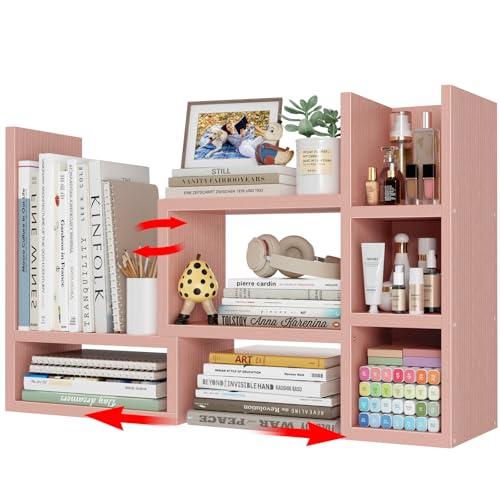 Image of NUTIKAS Desk Shelves Desktop Organizer Shlef - Pink Office Organization for Top of Desk Organizers and Accessories Corner Bookshelf Table Top Shelving Small Hutch Decorations for Office
