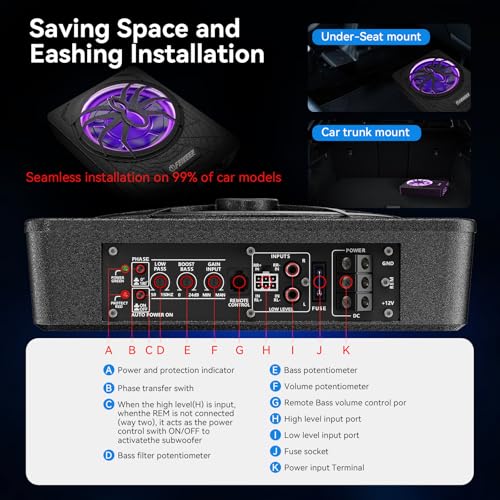 Image of Feikeer 10 inch1200W UnderSeat Subwoofer, Powered Subwoofer Car Audio with Multicolor LED Lighting, Deep Bass Enhancement.Under Seat Subwoofers with Amp for a Dynamic Driving Experience with Bass Melodies