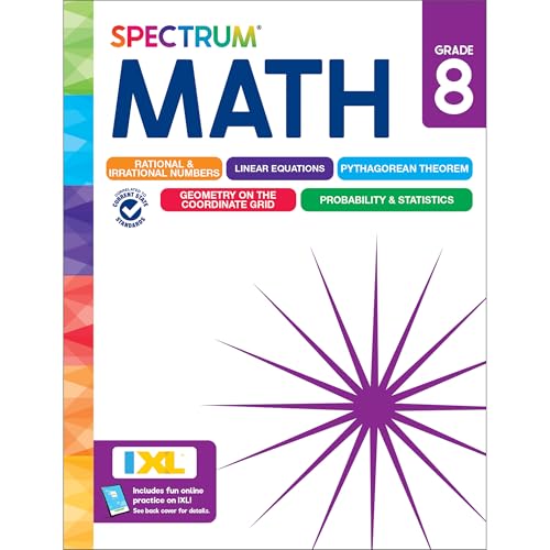 Spectrum 8th Grade Math Workbook, Mathematics Middle School Books Covering Pythagorean Theorem, Geometry, Linear Equations, Rational and Irrational Numbers and More, Classroom or Homeschool Curriculum