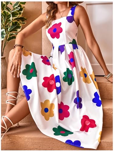 Image of Floerns Women's Flower Print Sleeveless Sundress Square Neck Vacation Long Dress