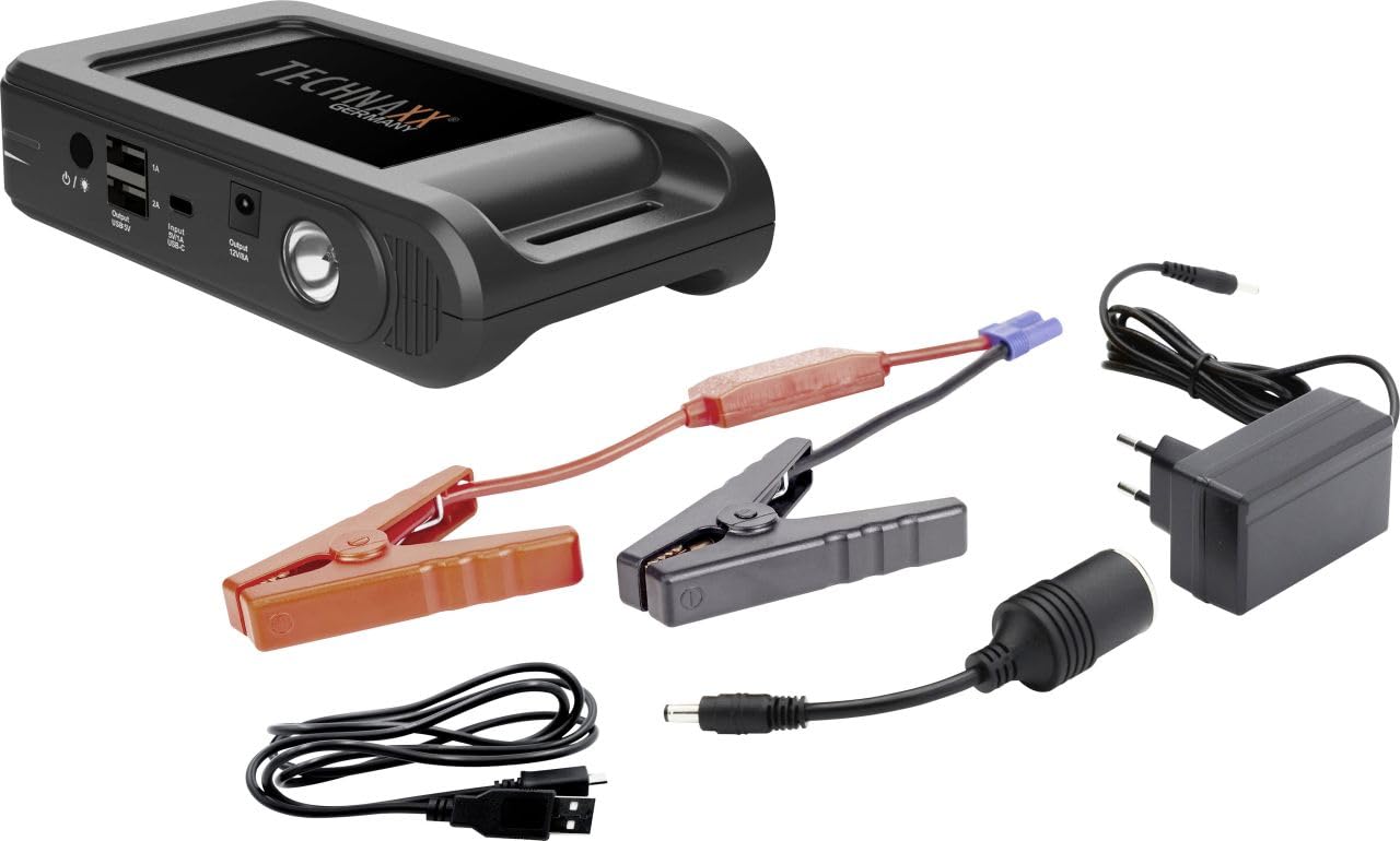Set di avviamento della batteria auto da 12000 mAh Technaxx (benzina fino a 4,0L / diesel fino a 2,5L) con power bank TX-218 - Dispositivo di avviamento portatile con 2 porte di ricarica USB-A