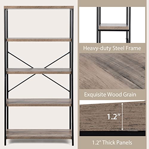 Giantex Industrial 5-Tier Wood Bookshelf - 63’’ Tall Open Storage Organizer Shelves With Anti-Tipping Device And Foot Pads, Steel Frame Bookcase Display Rack For Living Room, Bedroom, Office, Grey #TOP5