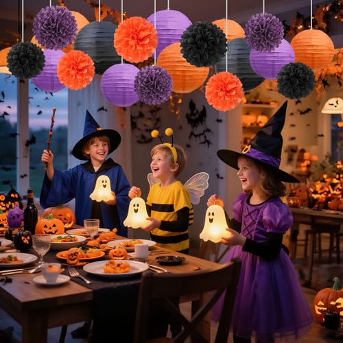 Image of 18 PCS Black Orange Purple Paper Lanterns & Tissue Paper Pom Poms for Halloween Birthday, Wedding, Hanging Paper Party Decoration Set for Indoor Outdoor Fall Celebration