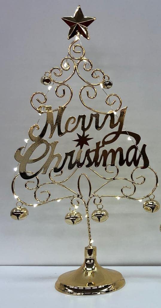 45cm Pre-Lit Table Top Golden Merry Christmas Tree With Warm White LEDs Bells Star Festive Xmas Holiday Home Office Novelty Decorations - Image 2