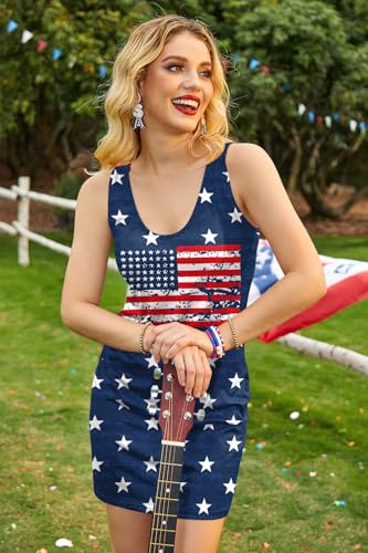 Image of For G and PL Women 4th of July American Flag Tank Dress Deep V Neck Stars Stripe Mini Patriotic Sleeveless Sundress