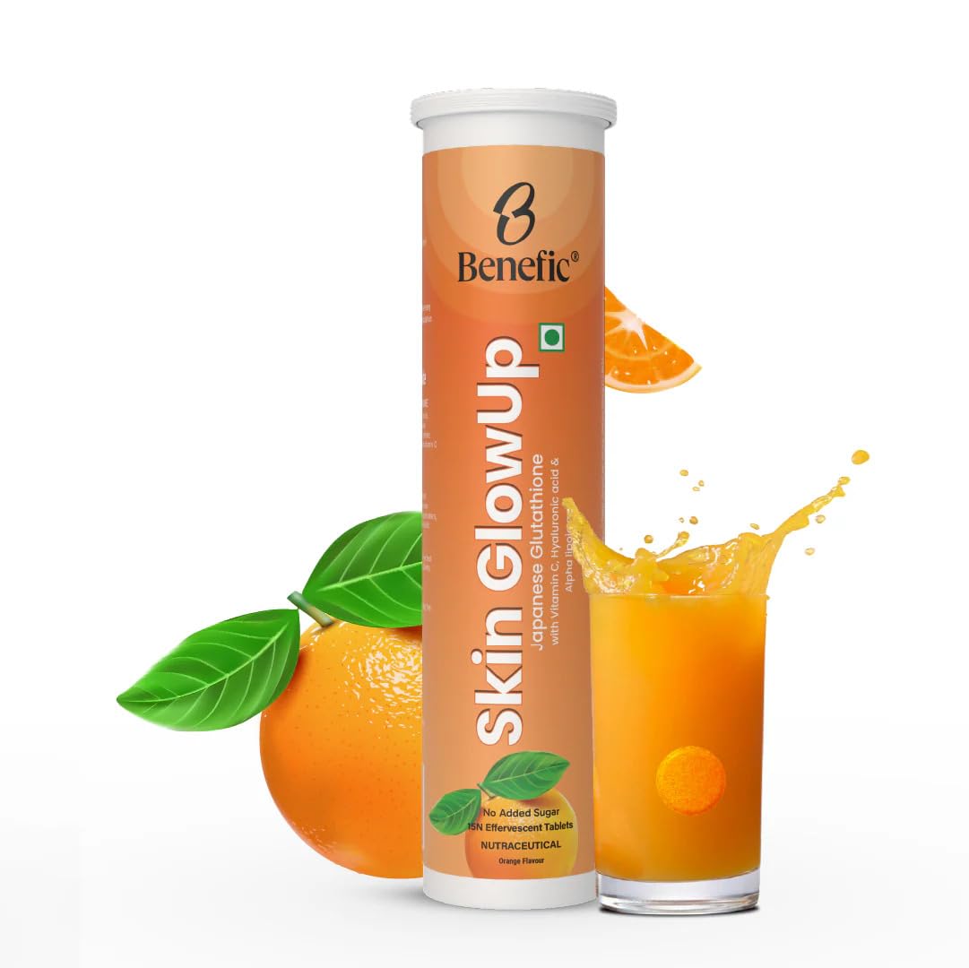 Skin GlowUp Japanese Glutathione Tablets Pack of 15 Tablets| 500mg Glutathione + Vitamin C + Hyaluronic Acid | Skin Brightening & Anti-Ageing Supplement | No Added Sugar, Vegan, Gluten Free | Orange Flavor