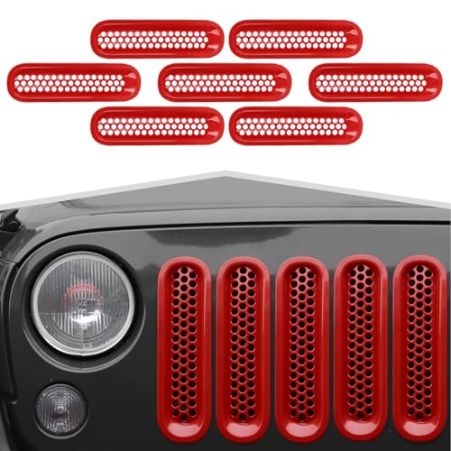 Image of Front Grille Inserts Grill Mesh Clip-on Trim Covers Exterior Accessories Compatible with Jeep Wrangler JK & JKU 2007-2017,Red