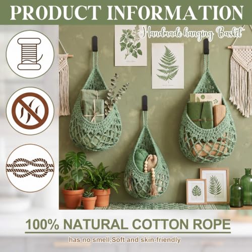 Image of Honeydak 3 Hanging Baskets, Sage Green, Crochet, Cotton Rope