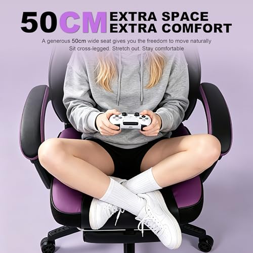 Image of Big and Tall Gaming Chair 400lbs with Footrest - Heavy Duty Ergonomic Computer Office Chair for Adults, Wide Desk Chair with Pocket Spring Cushion & Linkage Armrests Purple