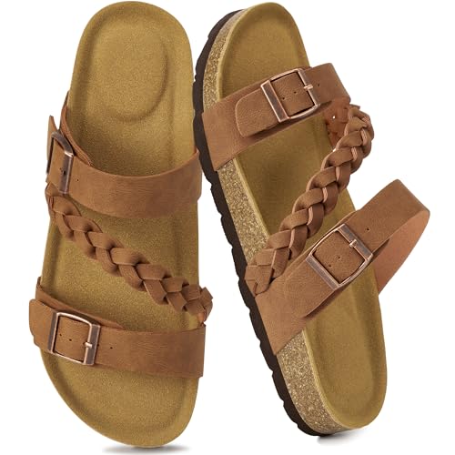 Image of HARENCE Flat Sandals for Women 2026 Comfort Cork Footbed with Adjustable Buckle Summer Slides for Women for Vacation Walking