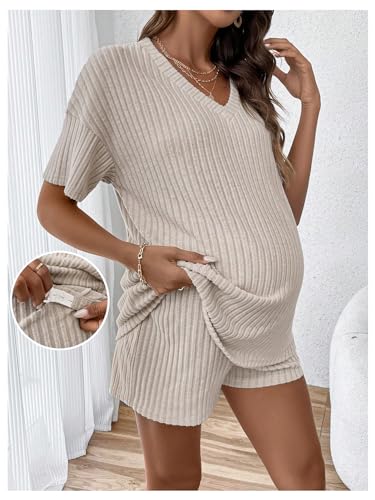 Image of MakeMeChic Women's Maternity 2 Piece Sets Ribbed Shirt and Biker Shorts | Cute Pregnancy Outfits,Maternity Pajamas,Lounge Set,Short Sleeve Top,Summer Vacation,Bump Friendly