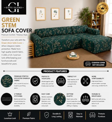 Image of Gifts Island Premium 160GSM Super Soft Green Stem Stretchable Sofa Cover L Shape 7 Seater Fully Covered | Suitable for Both Left and Right Side Chaise Sofa (Green Stem, 4+3 Seater)