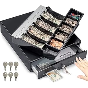 Volcora 13″ Manual Push Open Cash Register Drawer for Point of Sale (POS) System, Black Heavy Duty Till with 4 Bills and 5 Coin Slots, Key Lock with Fully Removable Money Tray and Double Media Slots