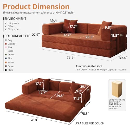 78.8" Convertible Sofa Bed with Armrest Pillow, 4-in-1 Sleeper Couch Bed for Livingroom, Modular Corduroy Boneless couches, No Assembly (Orange) - Image 3