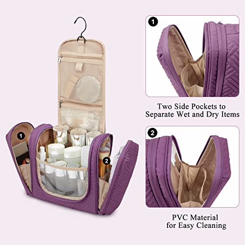Image of BAGSMART Toiletry Bag for Women, Travel Toiletry Organizer with hanging hook, Water-resistant Cosmetic Makeup Bag Travel Organizer for Shampoo, Full Sized Container, Toiletries, Purple, Medium, Basic /Leisure