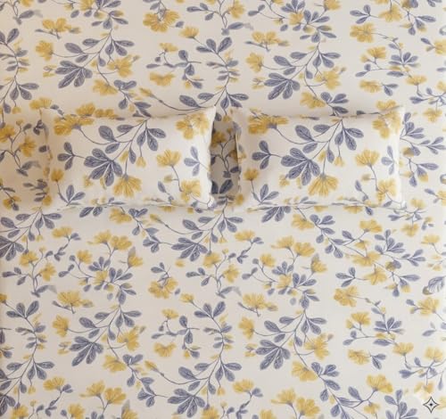 Image of Cotton Bolls Textiles Glace Cotton Fitted Bedsheet 72x72x6 Inch with 2 Pillow Covers - Soft Breathable Fabric, Elastic All Around, Printed Bedding for Double Bed