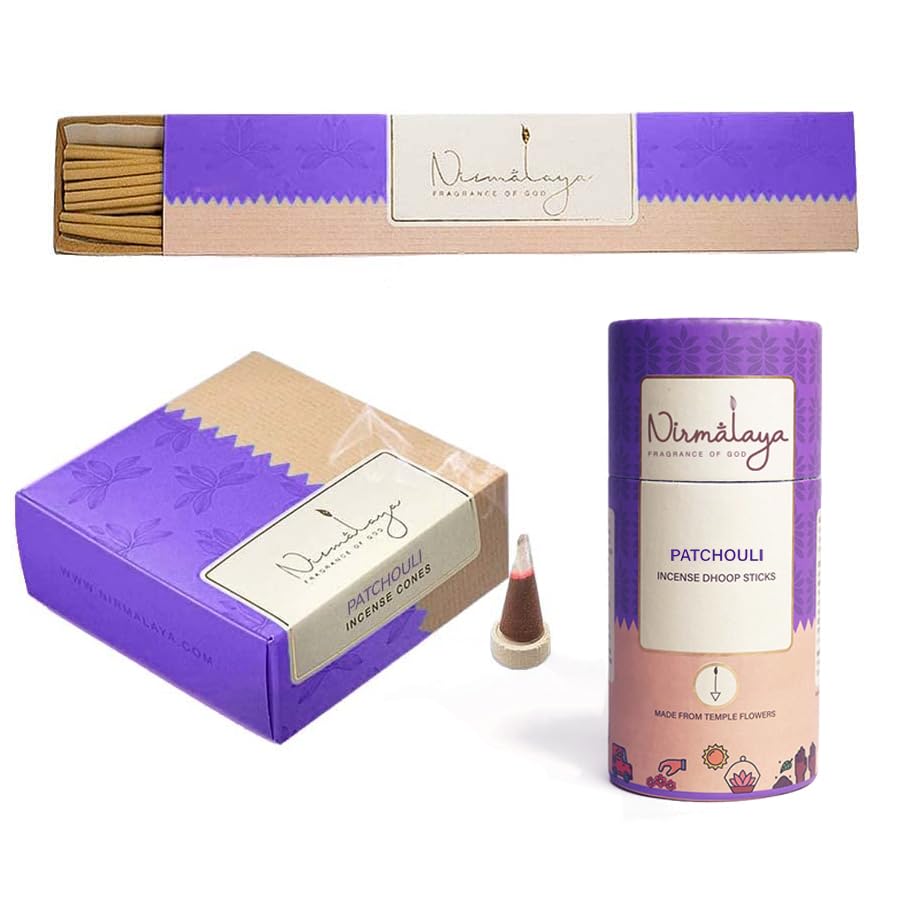Image of Nirmalaya Premium Incense Combo Pack | 100% Natural Organic | 40 Incense Sticks, 40 Incense Cones, 40 Dhoop Sticks | for Pooja, Meditation & Yoga (Patchouli) Free Stand Inside