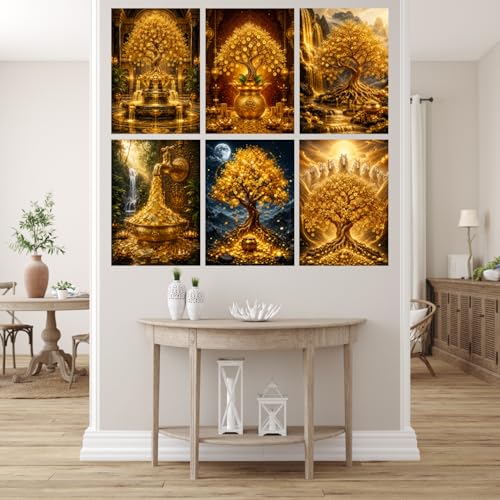 Image of Nivin Stores Golden Money Tree Wall Poster Set of 6 (12x8 Inch, A4, Unframed) | Luxury Wealth & Prosperity Art Prints for Living Room, Bedroom, Office & Home Decor | Premium Golden Tree Wall Art for Gift & Decoration