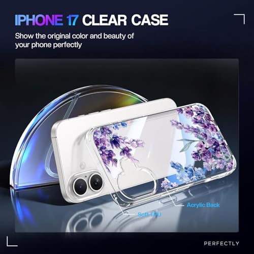 Image of Elzzi Floral Case for iPhone 17, Lavender Flower Clear Phone Case for Women Girls, Cute Aesthetic Purple Botanical Transparent Shockproof Protective Slim Cover (Deep with Leaf)