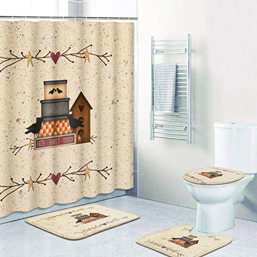 Artsocket 4 Pcs Shower Curtain Set Cute Little House Cartoon Building Chimney Cottage Countryside With Non-Slip Rugs Toilet Lid Cover And Bath Mat Bathroom Decor Set 72" X 72" #TOP2