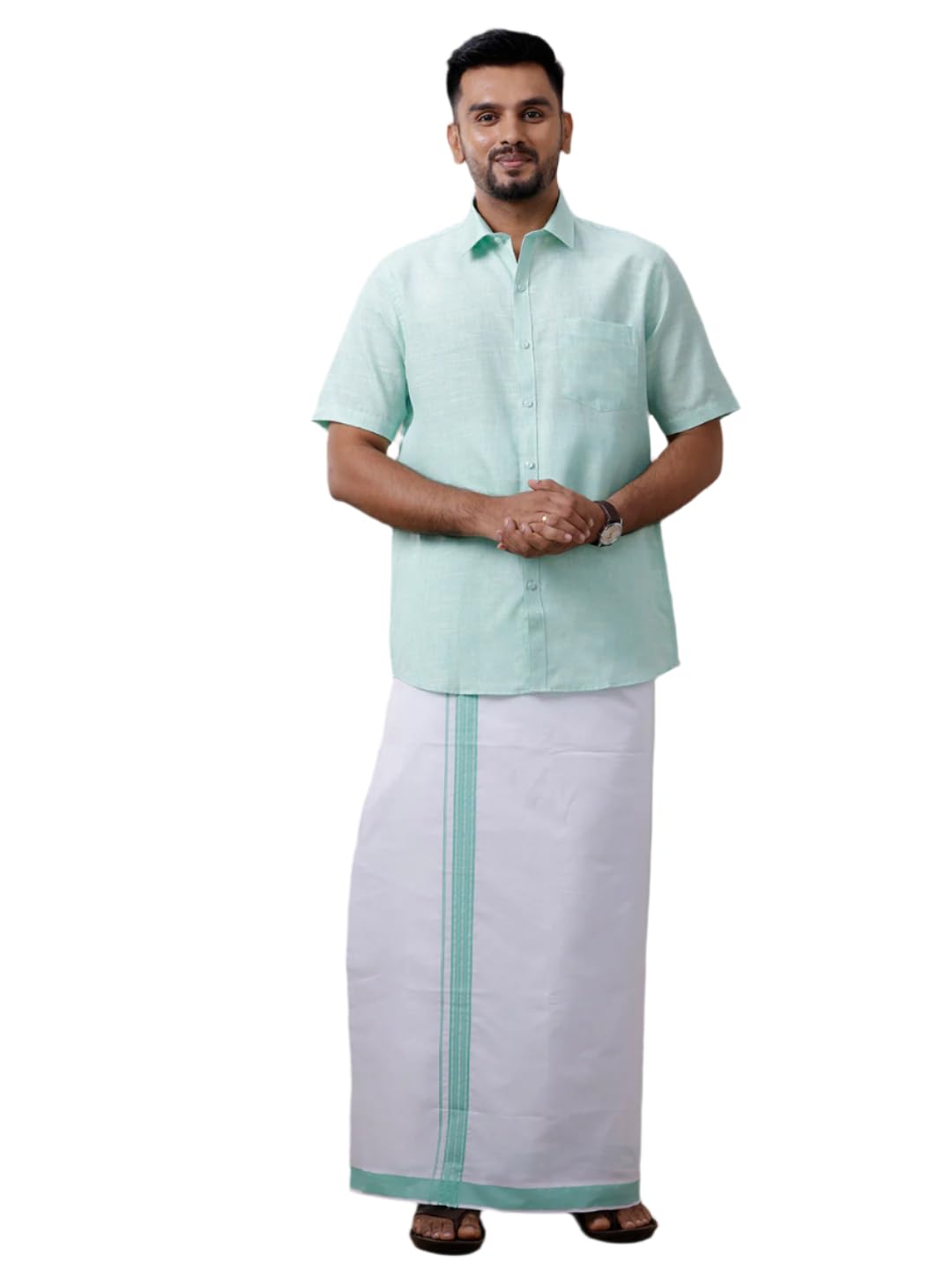 Men Cotton Blend Matching Border Dhoti & Half Sleeve Shirt Set-image-11