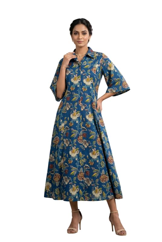 Women's Peacock Blue Midi Dress | Printed Cotton A-Line Dress with Collar Neck Half Sleeves & Pockets-image-2