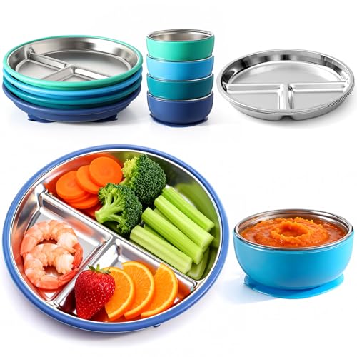 Image of Havawish 8 Pcs Stainless Steel Baby Plate and Bowls with Suction, 8.3" Kid Divided Plate and 4" Toddler Bowl with Removable Silicone, BPA-free Non-slip Baby Feed Set Dishwasher Safe for Boy Girl(Blue)