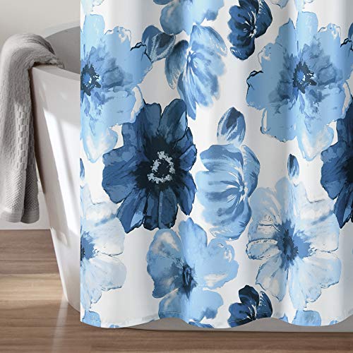 Image of Lush Decor Leah Floral Shower Curtain, 72 inch W x 72 inch L, Navy & White - Fabric Shower Curtains - Watercolor Botanical Bathroom Curtain - Farmhouse & French Country Decor