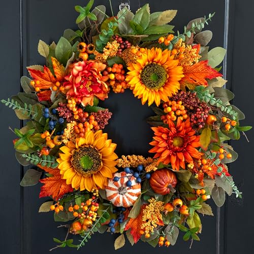 Fall Wreaths for Front Door &ndash; 24 Inch Autumn Wreath with Pumpkins...