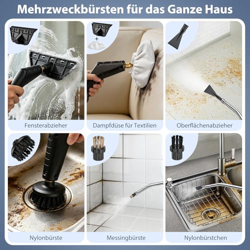 Noetopolis 1.4L Dampfreiniger Handgerät, Tragbarer Handdampfreiniger mit 7 Zubehörteilen, Steam Cleaner, 15s Schnellaufheizung für Boden, Küche, Fenstern, Badezimmern, Auto, Polster