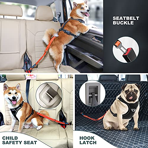 Image of Dog Seat Belt 3-in-1 Car Harness for Dogs Adjustable Safety Seatbelt for Car Nylon Reflective Bungee Fabric Dog Car Harness with Clip Hook Latch & Buckle, Swivel Zinc Alloy Carabiner (Orange)