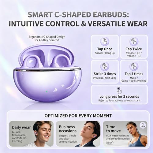 Image of Nyxo Open Ear Wireless Earbuds, Bluetooth 5.4 Air Conduction Headphones with Noise Cancellation Clip Desig, 360 Stereo Sound, Bluetooth Earphones Wireless for Sports, Office and Daily Use(Purple)