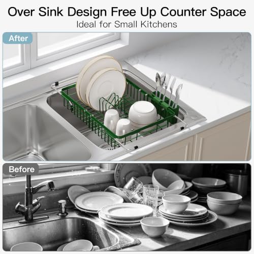 Image of JASIWAY Green Dish Drying Rack Over the Sink with Utensil Holder