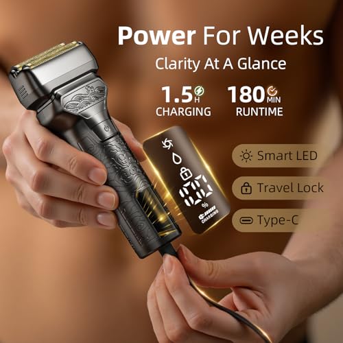 Image of 𝟔𝟖%𝟎𝐟𝐟 DGSXRMY Electric Foil Shaver for Men: IPX7 Metal Body | 1400mAh / 180min Runtime & Fast Charging - Zero Travel Stress Electric Razor with LED Display, Travel Lock, Pop-Up Trimmer