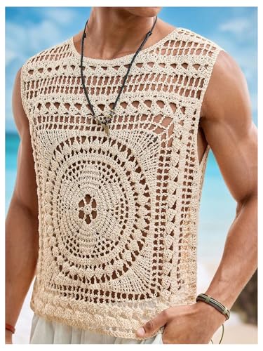 Men's Crochet Sweater Tank Tops Hollow Out Sleeveless Summer Vests Beach Vacation Clothes2