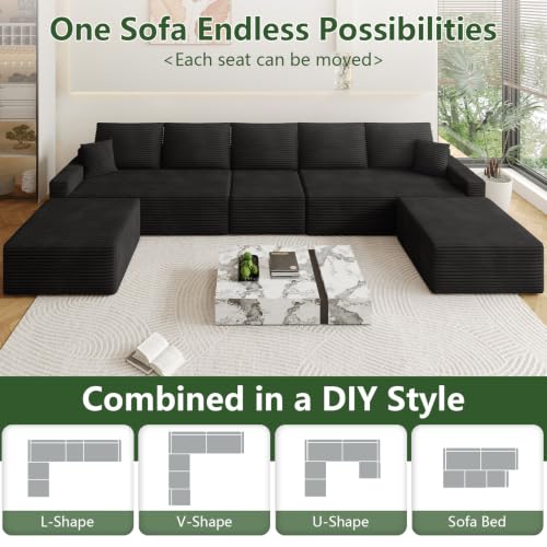 Image of Oversized Modular Sectional Sofa Couch, Large 7 Seater Corner Sofa Modern U Shaped Sectional Couch with Ottoman Cloud Couches for Living Room, Office, Spacious Space, Corduroy, No Assembly, Black