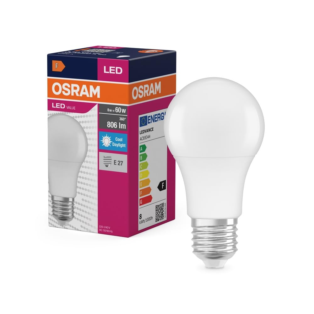 OSRAM LED Star Value Classic A60 LED Bulb for E27 Socket, Pear Shape, FR 806 Lumens, Daylight White (6500K), Replacement for Conventional 60W Incandescent Bulbs, Non-Dimmable